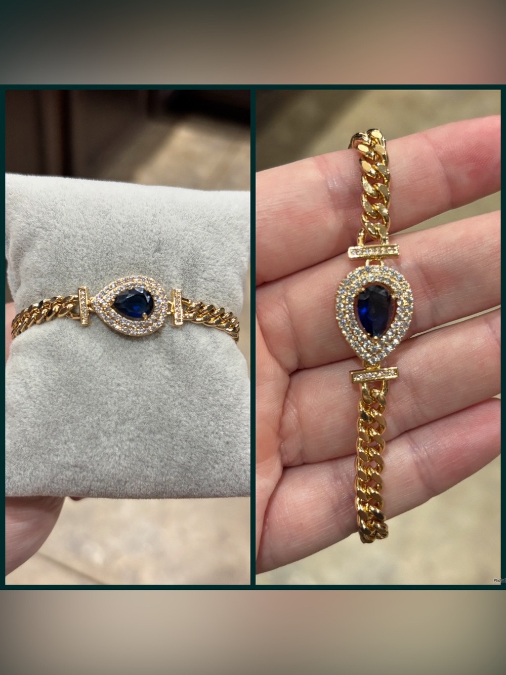 Gold-Tone Bracelet with Blue Teardrop Crystal and Pavé Accents